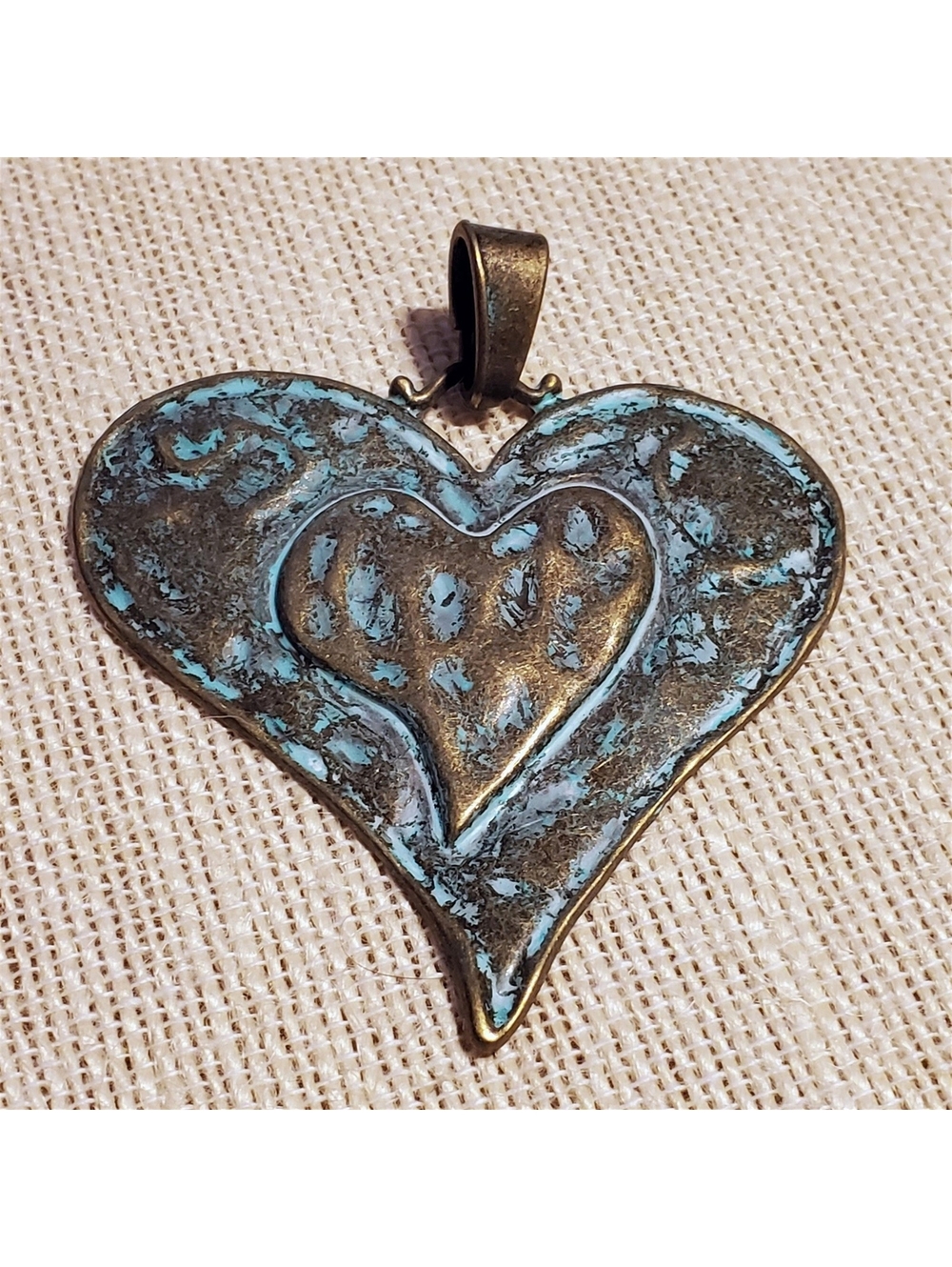 Hammered Antique Bronze Verdigris Green Patina Large Carved Heart Pendant